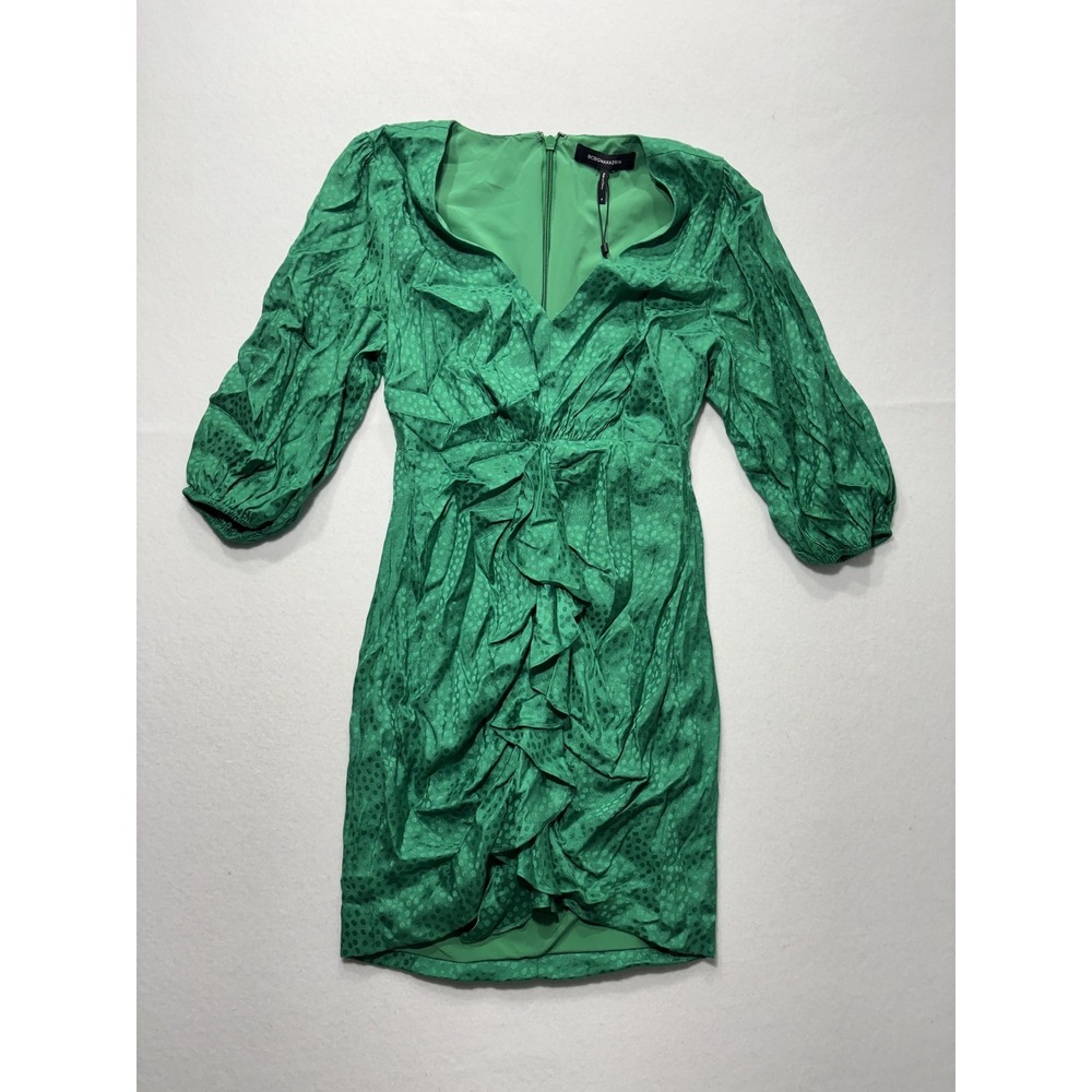 BCBGMAXAZRIA Dress Womens 4 Green Jacquard Sweetheart Ruffle Ruched Mini Party